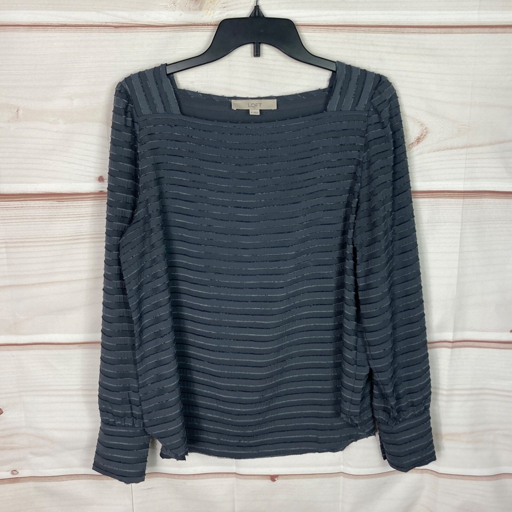 LOFT Top Womens M Gray Square Neck Blouse Texture Pullover Long Sleeve Solid